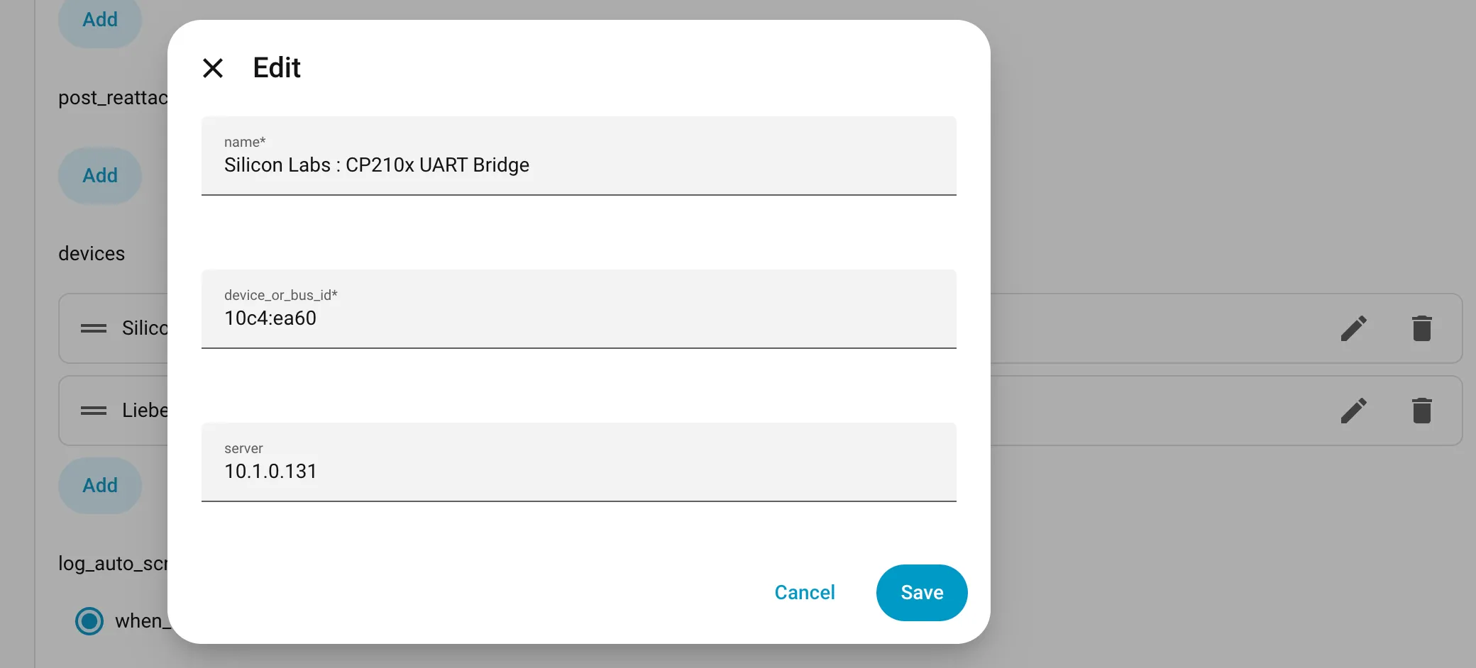 HA USB/IP Client app configuration screen